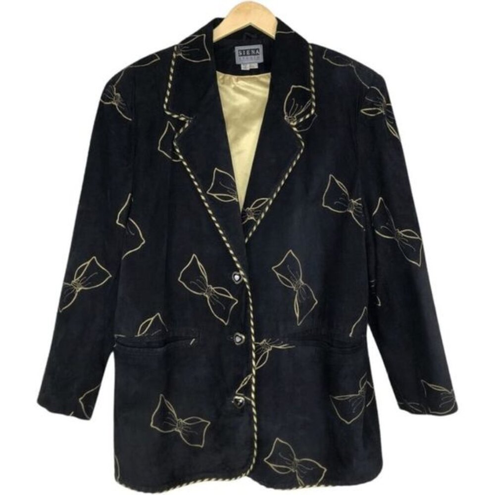 90’s Vintage Black Leather Bow Print Crystal Heart Button Blazer Jacket